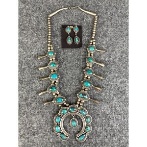 Vintage Sterling Silver Turquoise Squash Blossom Necklace 359g Navajo DC